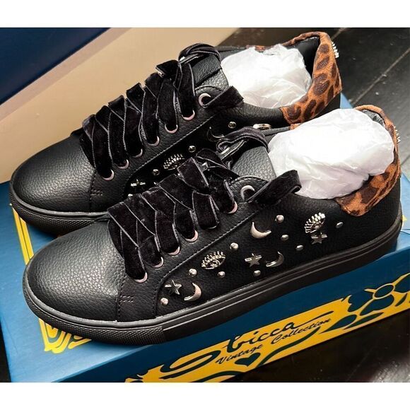 Sbicca Clark Black Leopard Sneakers Embellished w/Stars Moons - Size 7.5 NIB - Picture 3 of 8